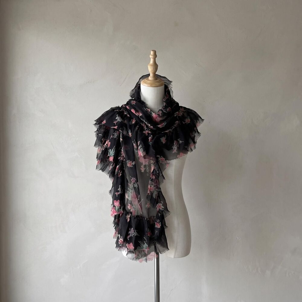 Ralph Lauren Collection c. 2000s Ruffled Silk Chiffon Scarf in Black Rose | 62″